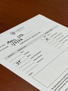 Certificate of Destruction documentation for Eagle Idaho off-site shredding service